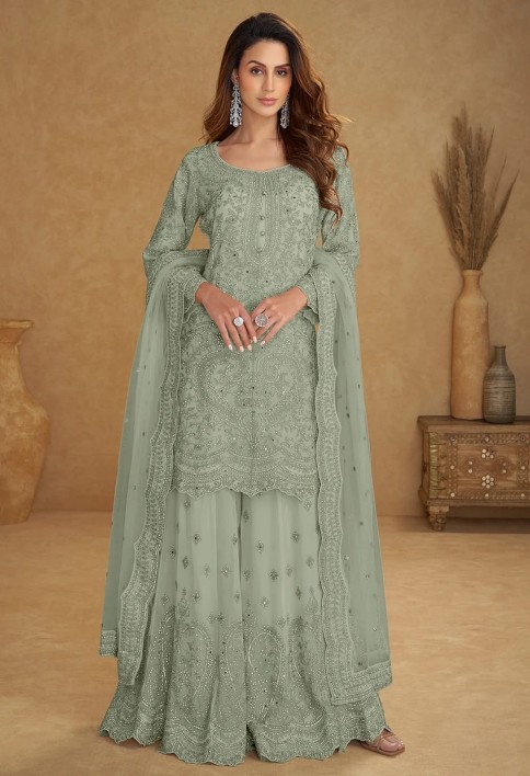 Net Mint Blue Embroidered Wedding Palazzo Suit